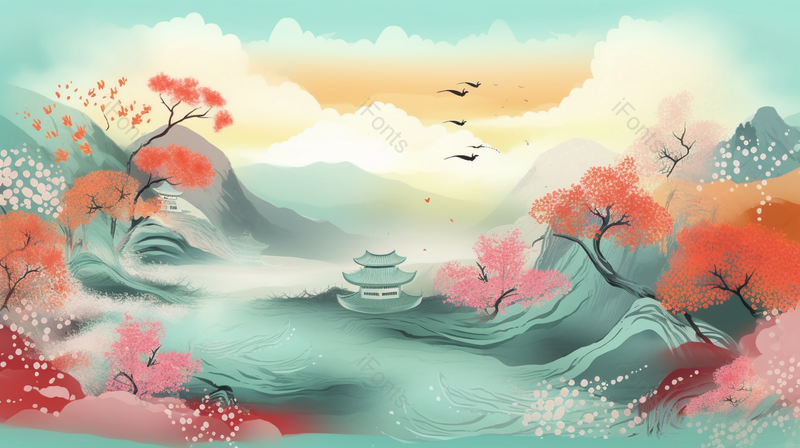 中国风亭台春天山水云绕手绘插画,插画/手绘图,插画/手绘图库,插画/手绘图下载,插画/手绘